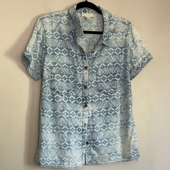 FOREVER 21 Aztec Pattern Blue And White Button Down 1X altered fits size  L - Picture 1 of 7